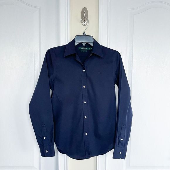 LAUREN Ralph Lauren XXS Timeless Navy Button Up/Down Collared Dress Shirt - Picture 1 of 9